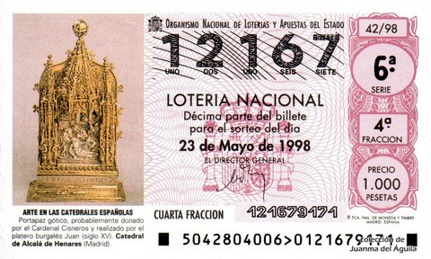 Décimo de Lotería Nacional de 1998 Sorteo 42 - ARTE EN LAS CATEDRALES ESPAÑOLAS - PORTAPAZ GÓTICO