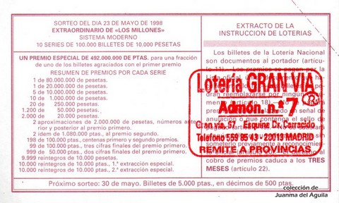 Reverso del décimo de Lotería Nacional de 1998 Sorteo 42