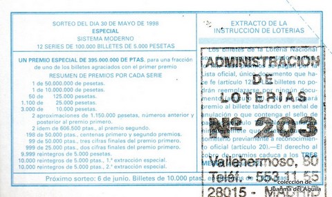 Reverso del décimo de Lotería Nacional de 1998 Sorteo 44