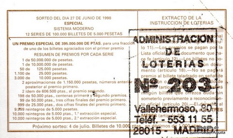 Reverso del décimo de Lotería Nacional de 1998 Sorteo 52