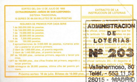 Reverso del décimo de Lotería Nacional de 1998 Sorteo 56