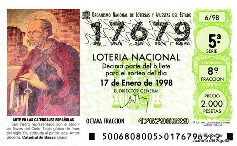 Décimo de Lotería Nacional de 1998 Sorteo 6 - ARTE EN LAS CATEDRALES ESPAÑOLAS - SAN PEDRO. TABLA GÓTICA DE FINES DEL S. XV