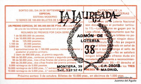 Reverso del décimo de Lotería Nacional de 1998 Sorteo 78