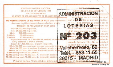 Reverso del décimo de Lotería Nacional de 1998 Sorteo 80