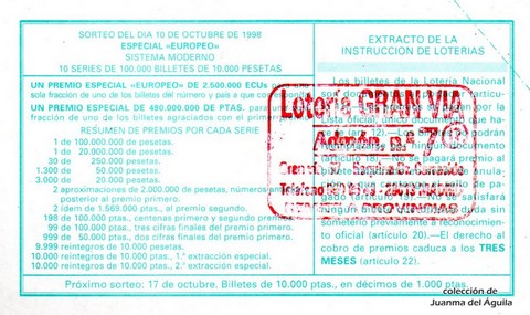 Reverso del décimo de Lotería Nacional de 1998 Sorteo 82