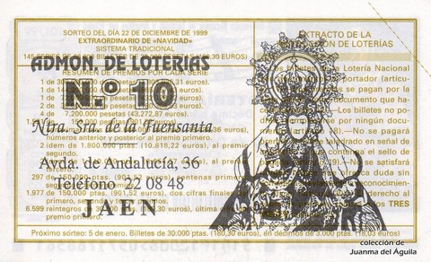 Reverso del décimo de Lotería Nacional de 1999 Sorteo 101