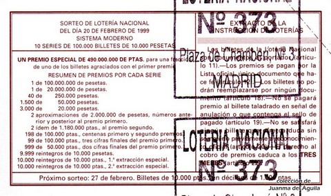 Reverso del décimo de Lotería Nacional de 1999 Sorteo 15
