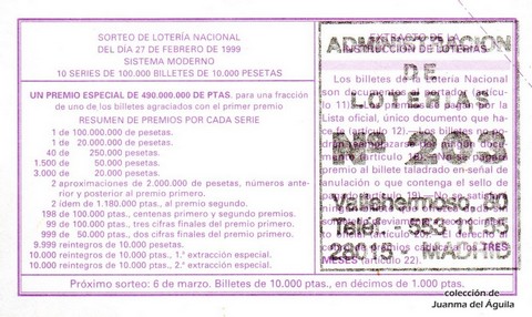 Reverso del décimo de Lotería Nacional de 1999 Sorteo 17