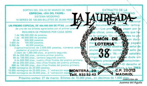 Reverso del décimo de Lotería Nacional de 1999 Sorteo 23