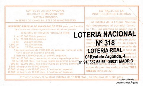 Reverso del décimo de Lotería Nacional de 1999 Sorteo 25