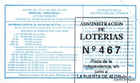 Reverso del décimo de Lotería Nacional de 1999 Sorteo 31