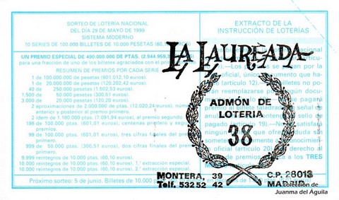 Reverso del décimo de Lotería Nacional de 1999 Sorteo 43