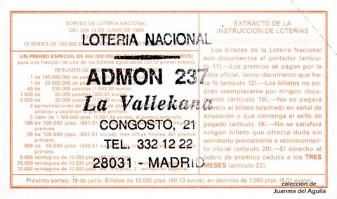 Reverso del décimo de Lotería Nacional de 1999 Sorteo 47