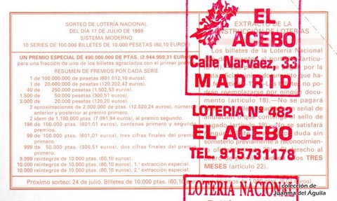 Reverso del décimo de Lotería Nacional de 1999 Sorteo 57