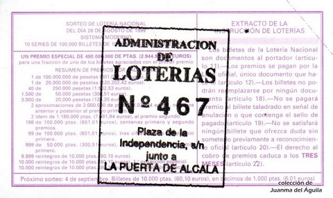 Reverso del décimo de Lotería Nacional de 1999 Sorteo 69