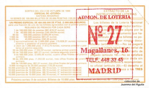 Reverso del décimo de Lotería Nacional de 1999 Sorteo 79