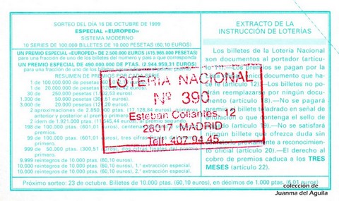 Reverso del décimo de Lotería Nacional de 1999 Sorteo 83