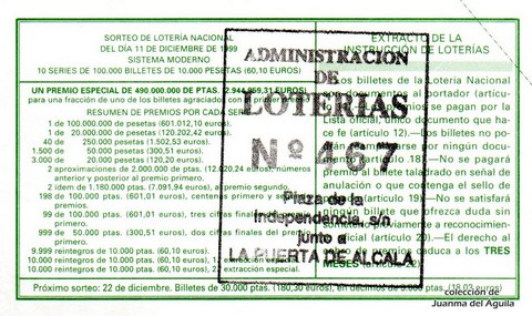 Reverso del décimo de Lotería Nacional de 1999 Sorteo 99