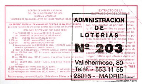 Reverso del décimo de Lotería Nacional de 2000 Sorteo 13