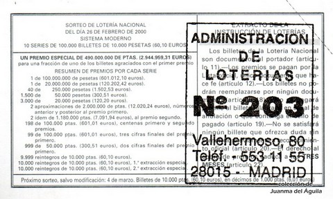 Reverso décimo de Lotería 2000 / 15