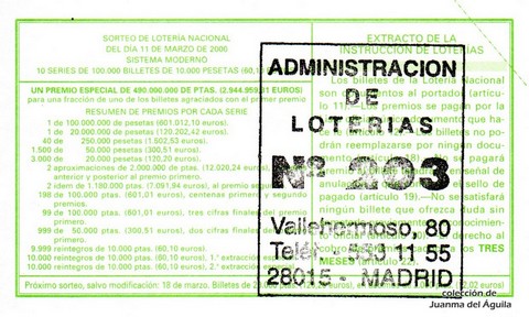 Reverso del décimo de Lotería Nacional de 2000 Sorteo 19
