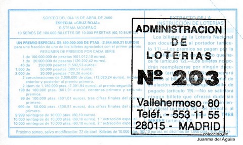 Reverso del décimo de Lotería Nacional de 2000 Sorteo 29