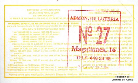 Reverso del décimo de Lotería Nacional de 2000 Sorteo 31