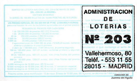 Reverso del décimo de Lotería Nacional de 2000 Sorteo 35