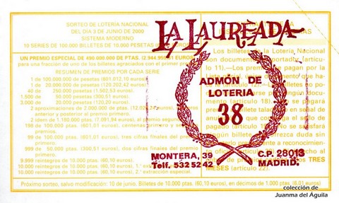 Reverso décimo de Lotería 2000 / 43