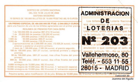 Reverso del décimo de Lotería Nacional de 2000 Sorteo 55