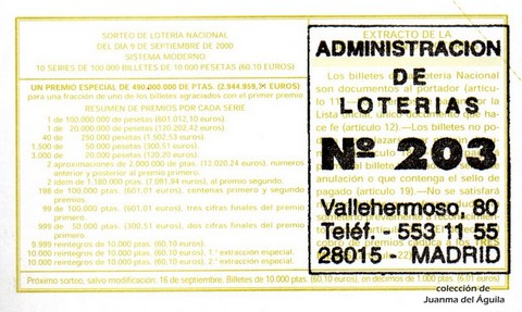 Reverso del décimo de Lotería Nacional de 2000 Sorteo 71