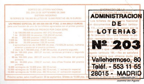 Reverso del décimo de Lotería Nacional de 2000 Sorteo 75