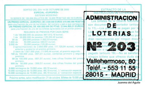 Reverso del décimo de Lotería Nacional de 2000 Sorteo 81
