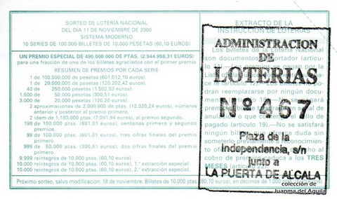 Reverso décimo de Lotería 2000 / 89
