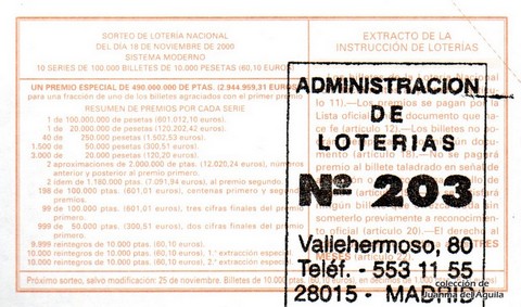 Reverso del décimo de Lotería Nacional de 2000 Sorteo 91