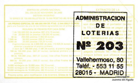 Reverso del décimo de Lotería Nacional de 2000 Sorteo 93