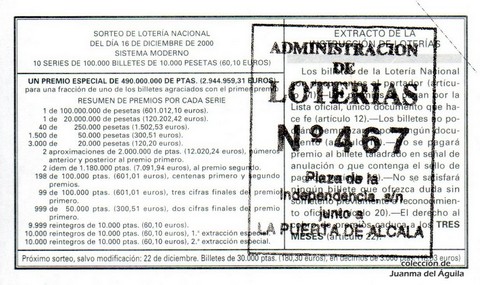 Reverso del décimo de Lotería Nacional de 2000 Sorteo 99
