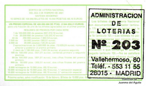 Reverso del décimo de Lotería Nacional de 2001 Sorteo 10