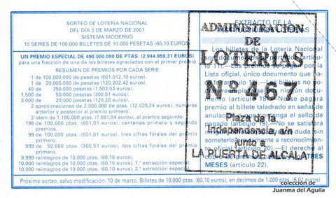 Reverso del décimo de Lotería Nacional de 2001 Sorteo 18
