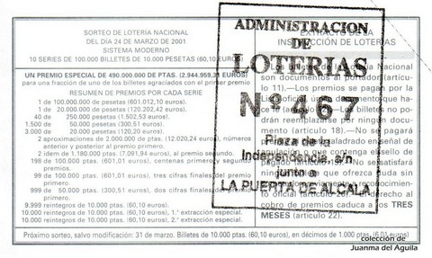 Reverso del décimo de Lotería Nacional de 2001 Sorteo 24
