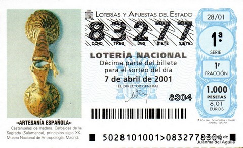 Décimo de Lotería Nacional de 2001 Sorteo 28 - «ARTESANÍA ESPAÑOLA» - CASTAÑUELAS DE MADERA