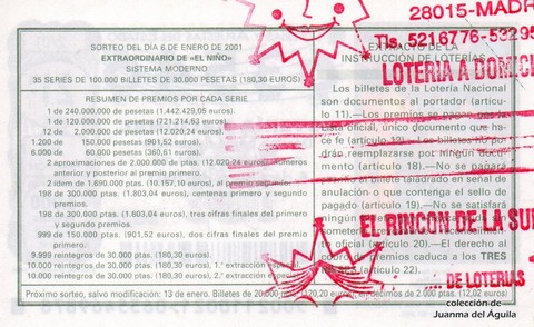 Reverso del décimo de Lotería Nacional de 2001 Sorteo 2