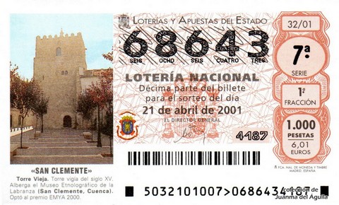 Décimo de Lotería Nacional de 2001 Sorteo 32 - «SAN CLEMENTE»