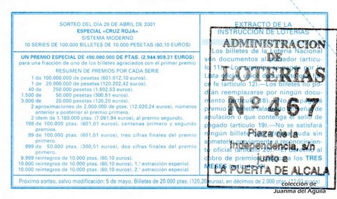 Reverso del décimo de Lotería Nacional de 2001 Sorteo 34