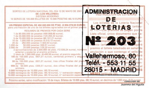 Reverso del décimo de Lotería Nacional de 2001 Sorteo 38