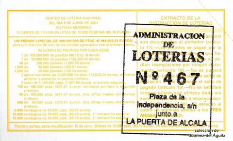 Reverso del décimo de Lotería Nacional de 2001 Sorteo 46
