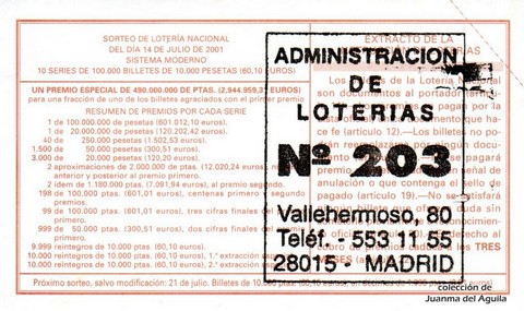 Reverso del décimo de Lotería Nacional de 2001 Sorteo 56