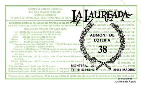 Reverso del décimo de Lotería Nacional de 2001 Sorteo 62