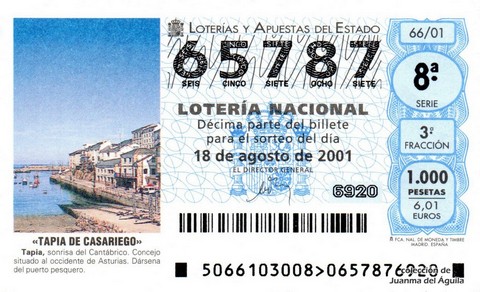 Décimo de Lotería Nacional de 2001 Sorteo 66 - «TAPIA DE CASARIEGO»