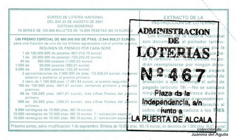 Reverso del décimo de Lotería Nacional de 2001 Sorteo 68